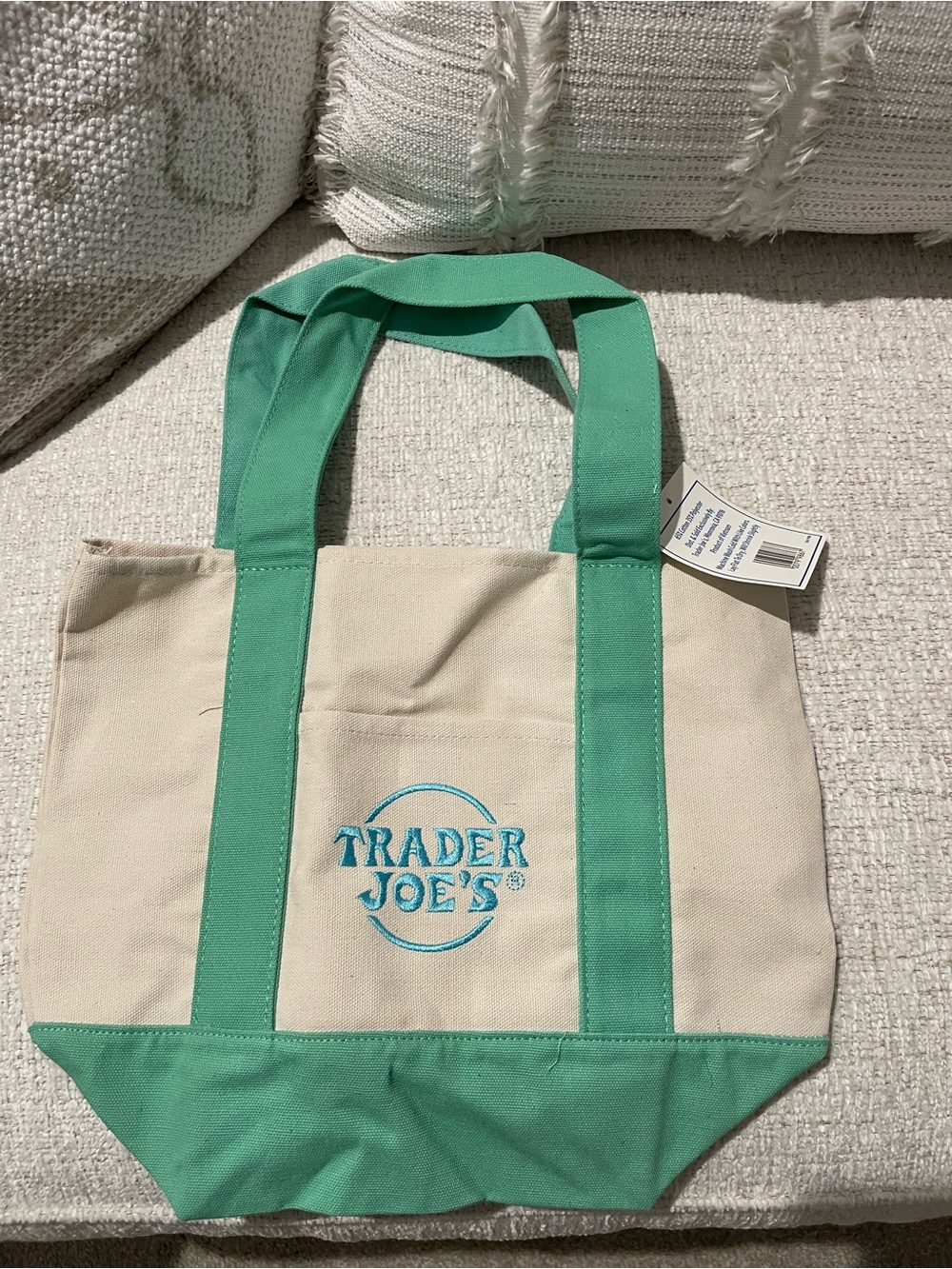 Trader Joe's Cream Canvas Tote with Green Accents